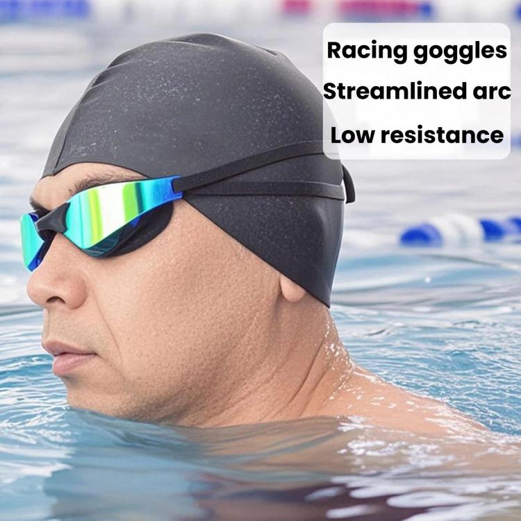 Man wearing teal-tinted racing swim goggles while training in open water