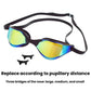 Black swim racing goggles with mirrored yellow-blue lenses and curved nose bridge