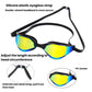 Black swim racing goggles with yellow-blue mirrored lenses and adjustable strap length