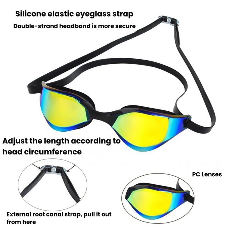 Black swim racing goggles with yellow-blue mirrored lenses and adjustable strap length