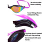 Purple and black racing swim goggles showing anti-fog lens and water-resistant seal