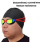 Swimming goggles with red strap and mirrored blue-yellow lenses on a swimmer