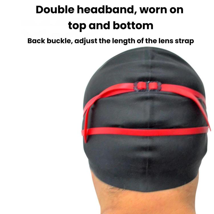 Swimming goggles with red double headband and black curved frame, worn on head