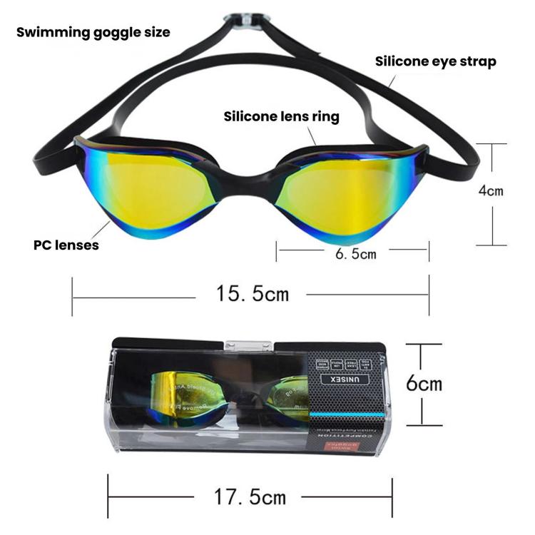 Black swimming goggles with blue-yellow mirrored lenses and silicone strap, product view
