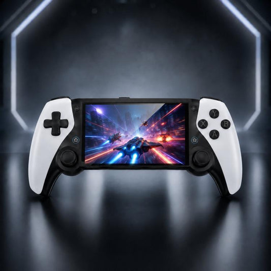 Handheld game console displaying gameplay on a bright HD touchscreen