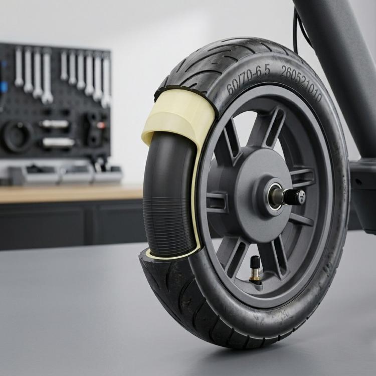 Black inner tube with straight valve stem mounted on a scooter wheel rim