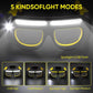Glasses-style LED headlamp with bright dual light bars showing multiple modes