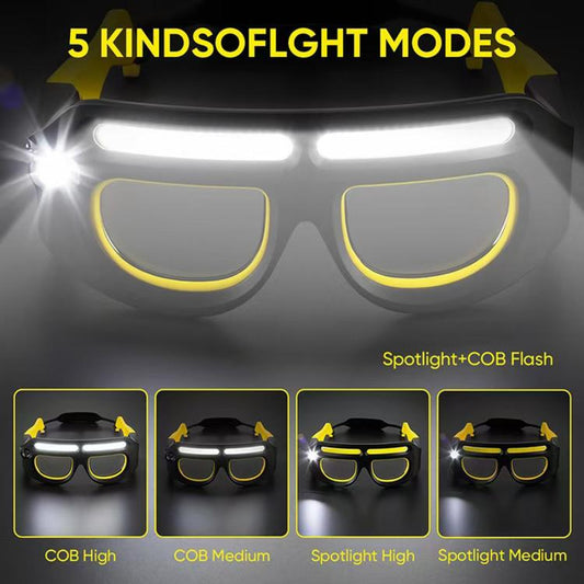 Glasses-style LED headlamp with bright dual light bars showing multiple modes