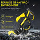 Glasses-style waterproof LED headlamp in yellow and black with light on