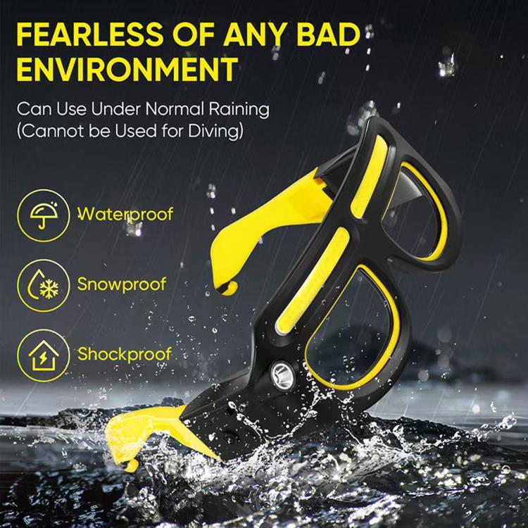 Glasses-style waterproof LED headlamp in yellow and black with light on