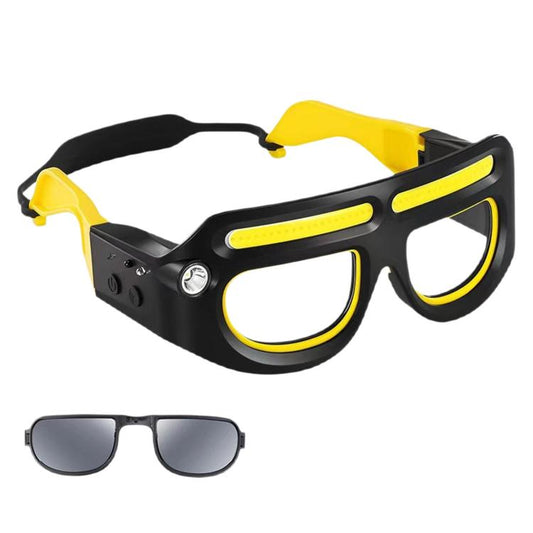LED induction headlamp glasses with yellow frames and dual COB light strips