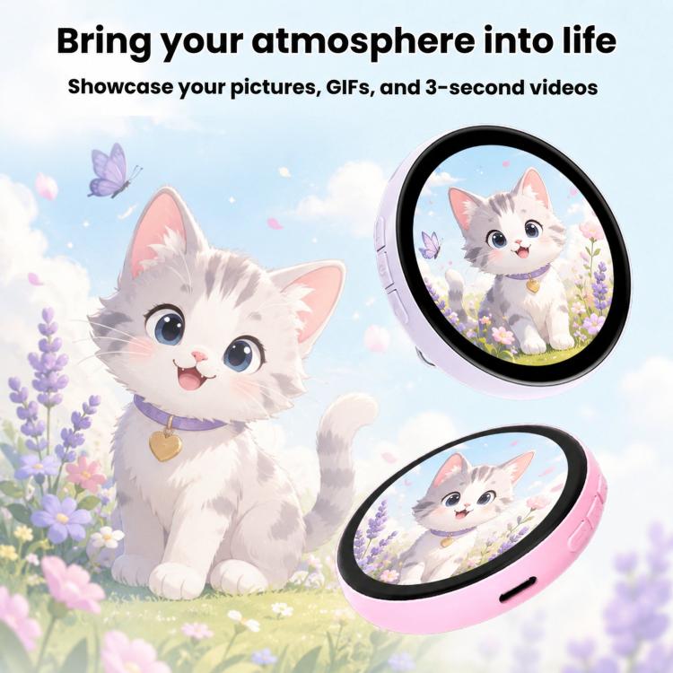 1.85-inch HD touchscreen Bluetooth anime badge display with cat graphic on pink body