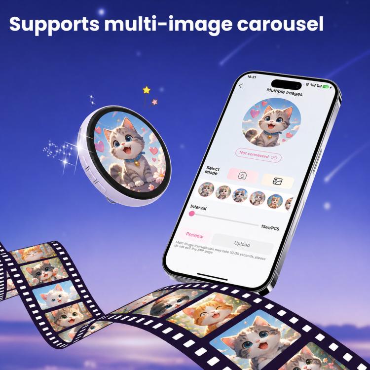 1.85-inch HD touchscreen Bluetooth anime badge display with cat graphic on oval body