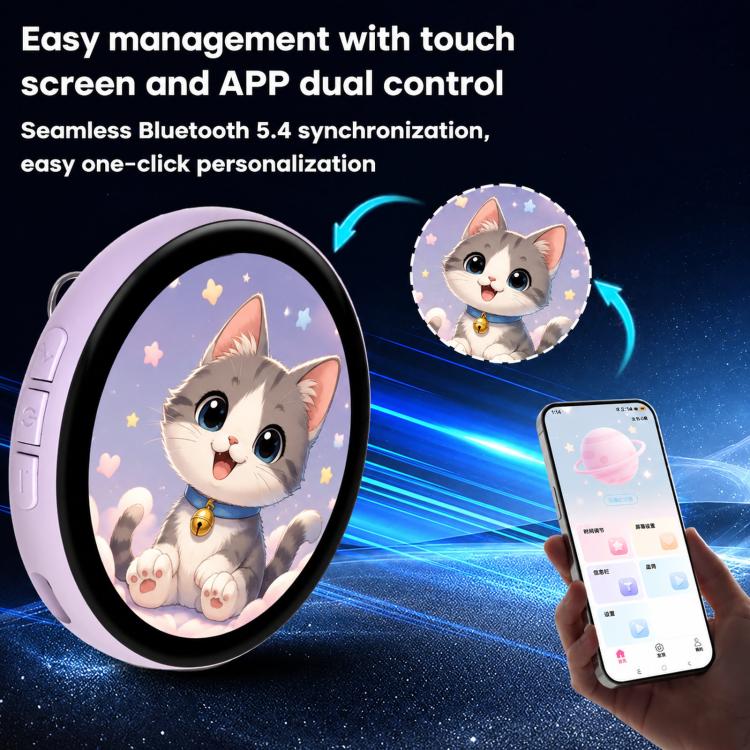 1.85-inch HD touchscreen Bluetooth anime badge display with cat graphic on light purple body