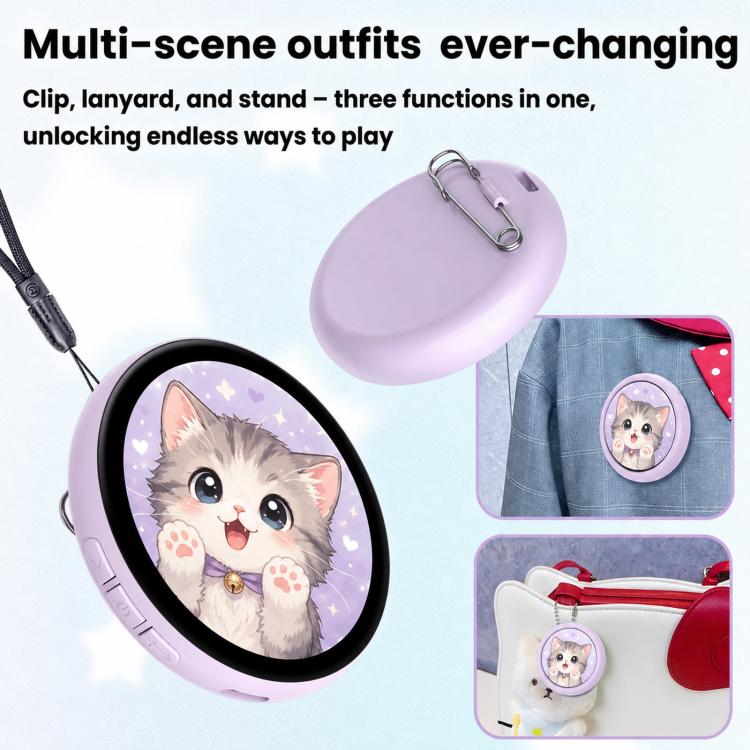 Light purple anime cat touchscreen badge display with clip and lanyard options