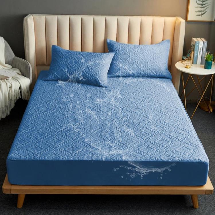 Dark blue waterproof fitted crib sheet with quilted texture and raised edge, 153x203 cm.