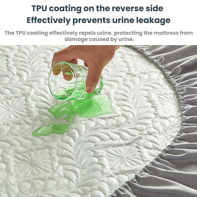 Waterproof fitted crib sheet with TPU-coated side resisting urine, textured quilted surface.