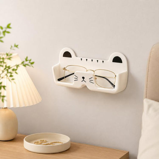 Cute Cat Wall Mounted Glasses Holder Punch-Free Adhesive Eyeglass Organizer Stand Space-Saving Sunglasses Storage Box for Bedside, Closet, Vanity, Car