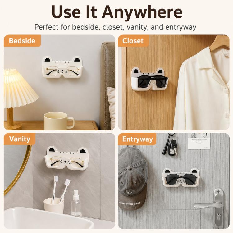 Cat-face glasses holder wall mount for bedside, closet, vanity, and entryway