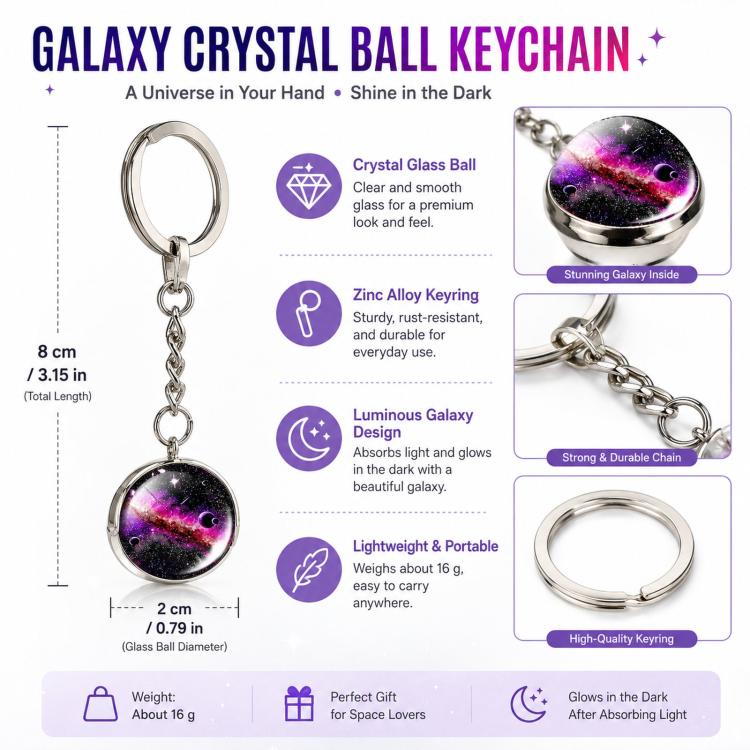 Galaxy crystal ball keychain with silver keyring and chain, purple starry globe.
