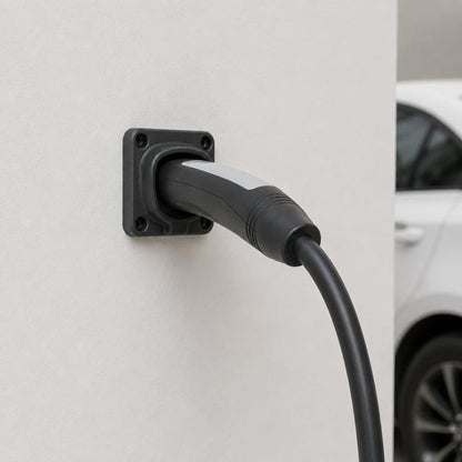 Wall-mounted EV charging connector dock with curved cable plug and square mounting plate.