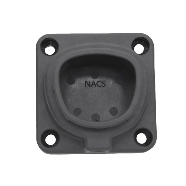 Square wall-mount charging connector dock with circular port and four mounting holes.