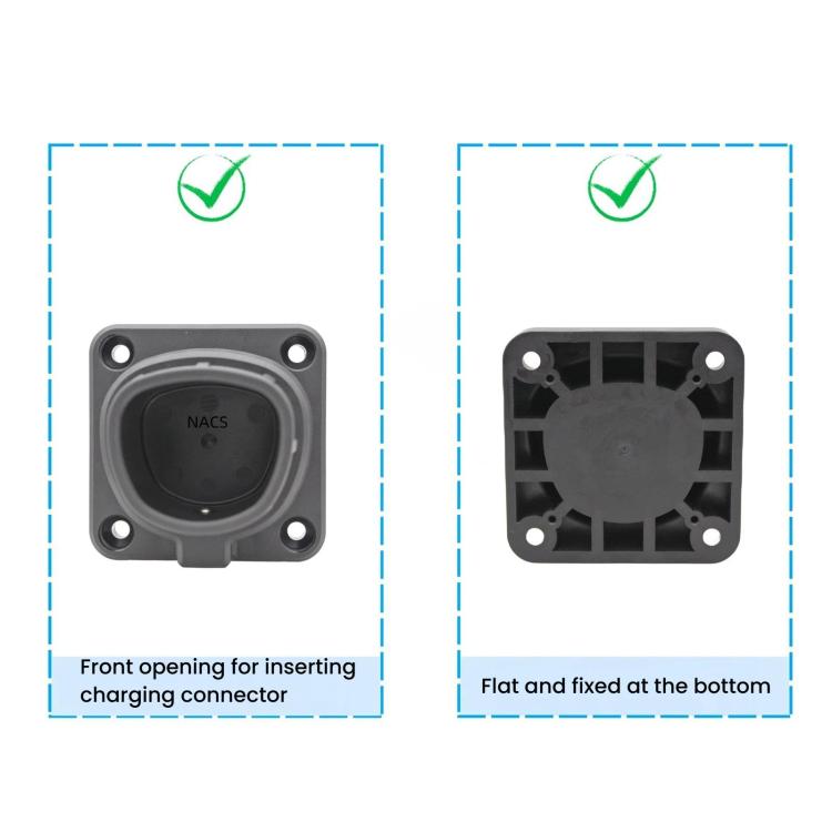 Charging connector dock diagram showing front opening and rear flat mounting base.