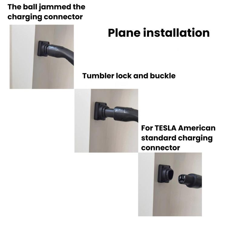Wall-mounted charging dock with connector inserted and tumbler lock/buckle engagement.