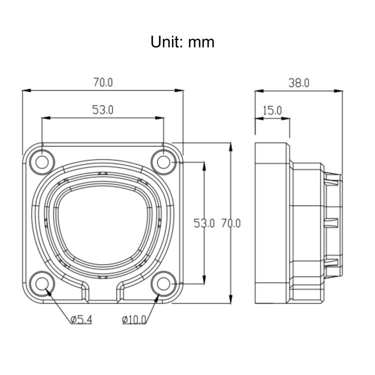 Charging connector dock dimension diagram with square mount and measured port opening.
