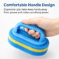 Blue handled scrub sponge with blue and yellow layers, held in hand