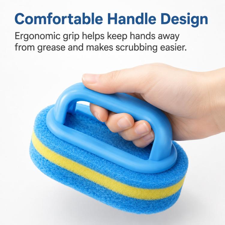 Blue handled scrub sponge with blue and yellow layers, held in hand