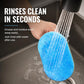 Blue scrub sponge brush with handle under running water in a sink