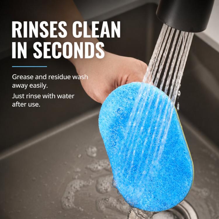 Blue scrub sponge brush with handle under running water in a sink