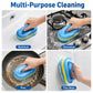 Multi-purpose scrub sponge brush with blue handle and blue-yellow layers on surfaces