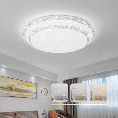 White round flush-mount ceiling chandelier with clear crystal-like ring trim