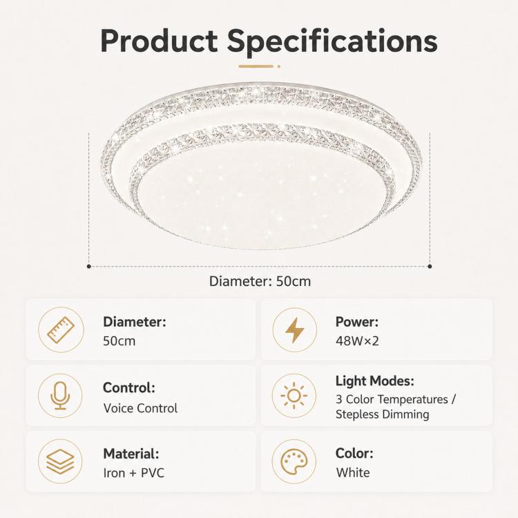 Round white ceiling light with crystal-style decorative outer ring, 50cm size shown