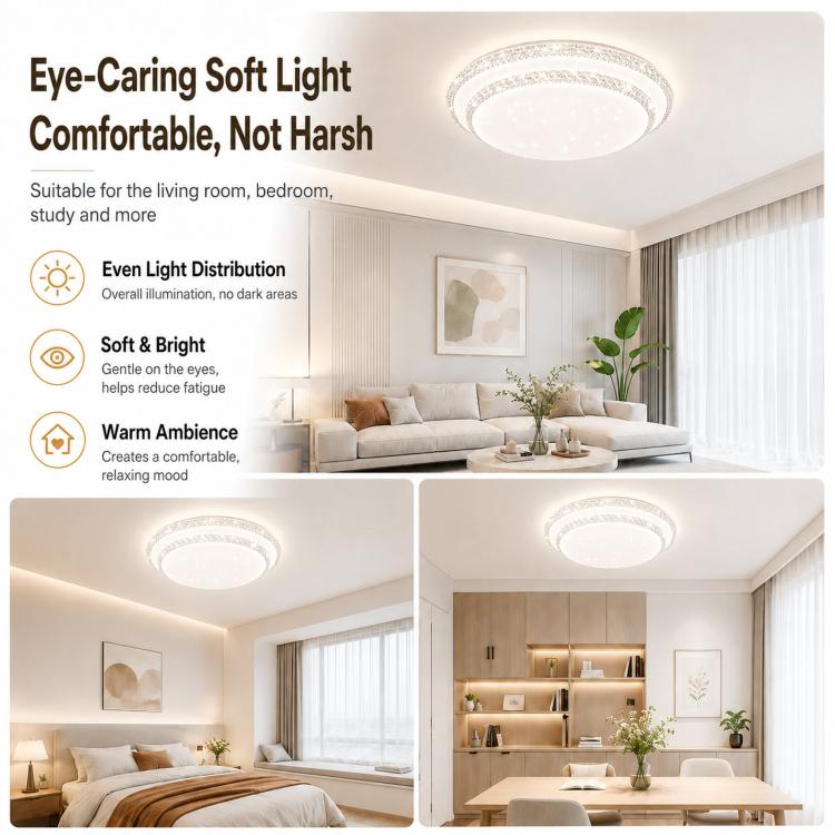 Round eye-caring ceiling light with crystal ring trim and soft white glow