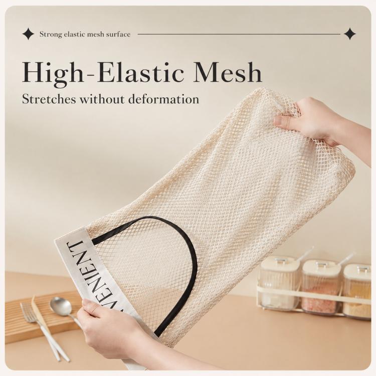 High-elastic beige mesh bag dispenser with black-edged handle trim and flexible tube.