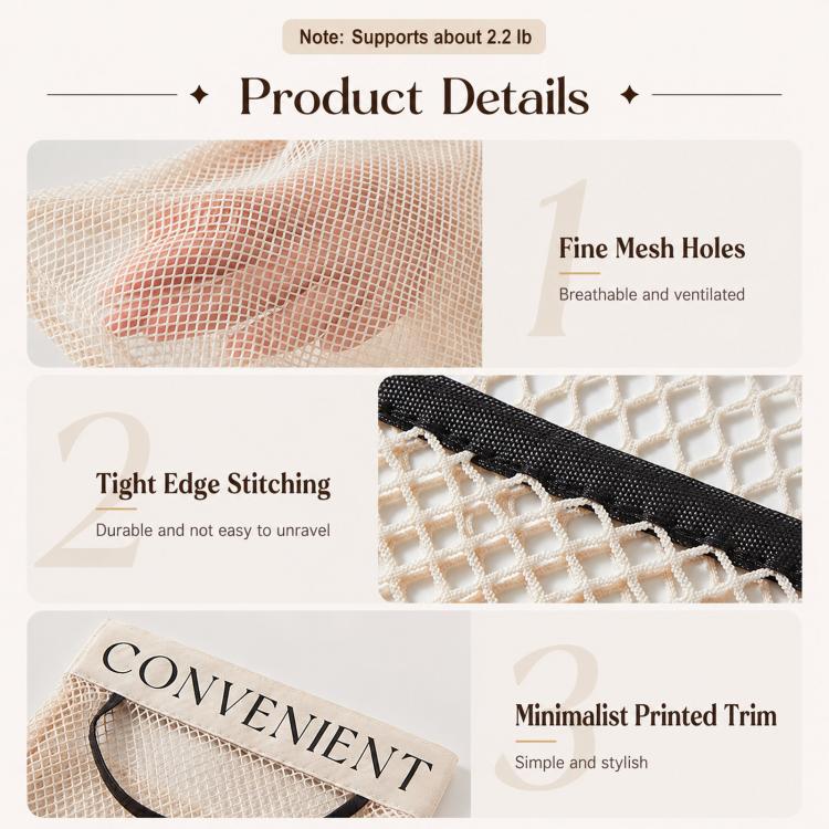Fine mesh bag holder with tight edge stitching and minimalist black top trim.