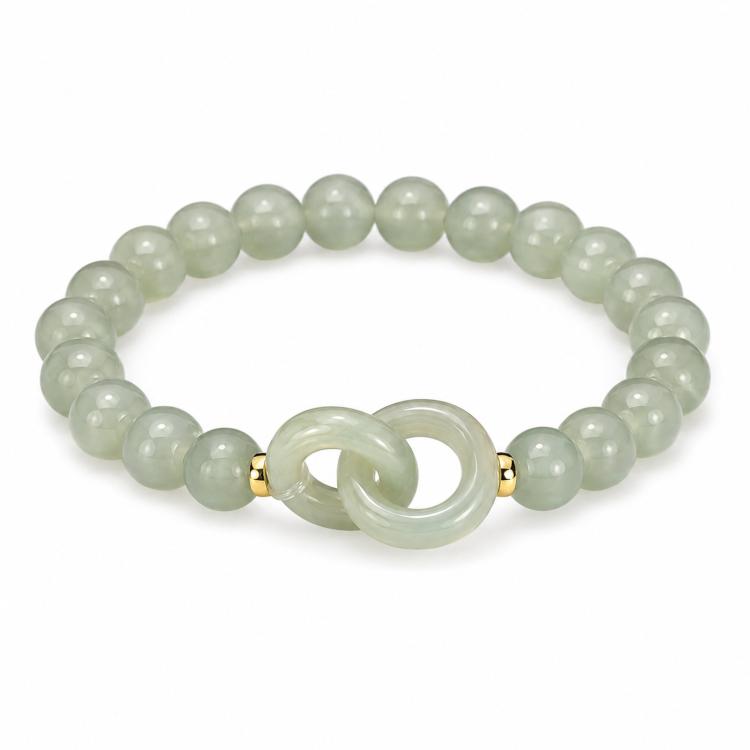 Green jade-style beaded bracelet with interlocking double loop charm and gold spacers