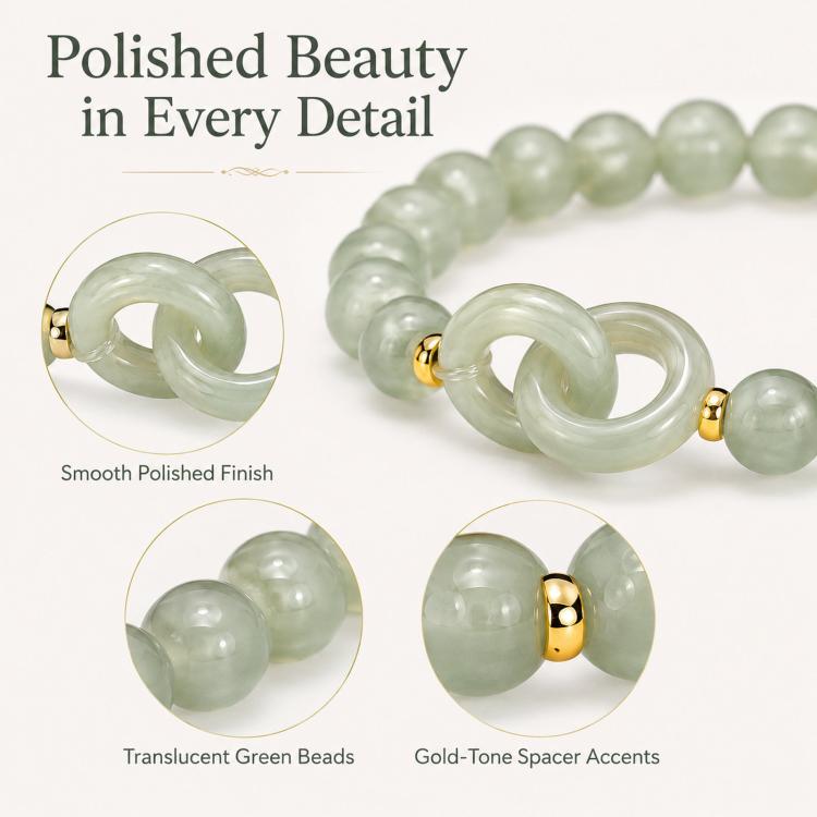 Green jade-style beaded bracelet with smooth interlocking double loop centerpiece