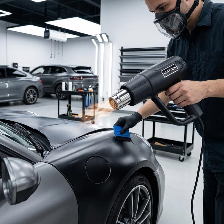 Black electric heat gun with metal nozzle and vented barrel, gripped by a gloved hand