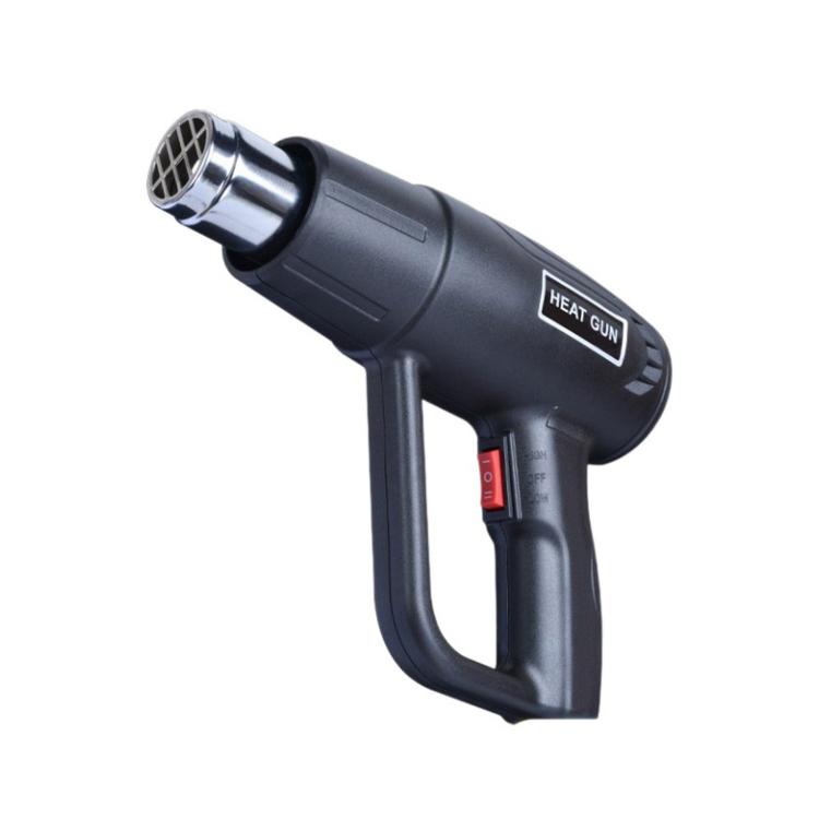 Black electric heat gun with metal heating nozzle and handle grip