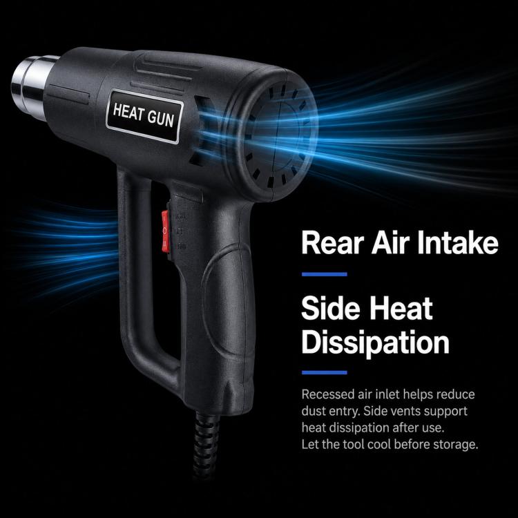 Black electric heat gun with side handle and metal nozzle blowing hot air