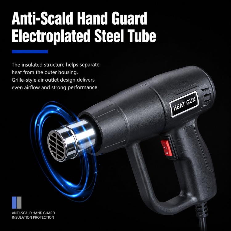 Black electric heat gun with electroplated steel tube nozzle and anti-scald hand guard