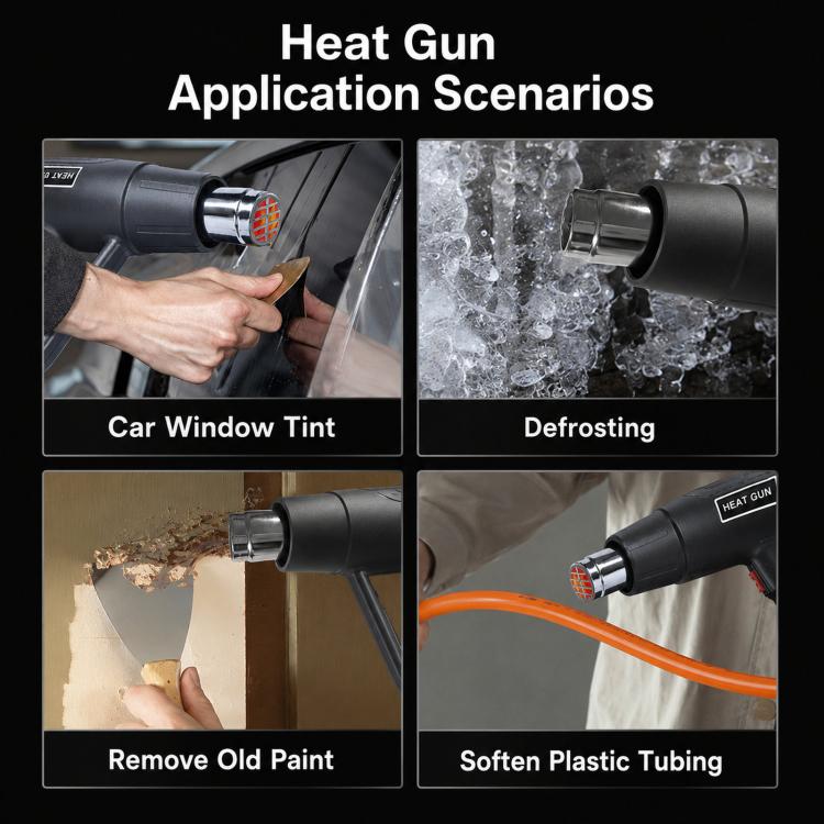 Black heat gun nozzle aimed at a car window surface