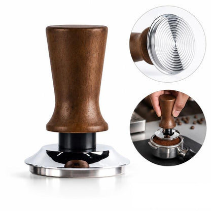 Constant force coffee tamper with dark wood handle and stainless steel base