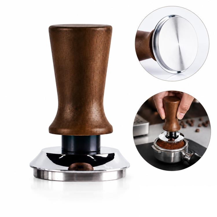 Coffee tamper with dark wood handle and stainless steel base, threaded bottom view