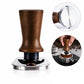 Constant force coffee tamper with dark wood handle and stainless base with threaded core