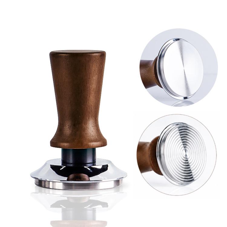 Coffee tamper with dark wood handle and stainless steel base, smooth mirror finish